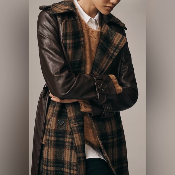 NWT! Avec Les Filles Faux Leather Oversized Plaid Trench Coat Size L - Picture 14 of 16